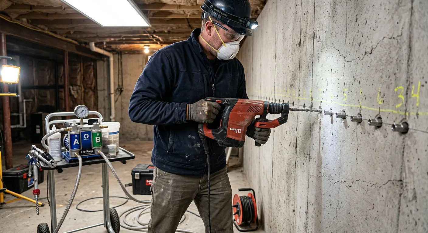 Bodrum kat duvarına enjeksiyon su yalıtımı uygulaması — delme ve enjeksiyon işlemi