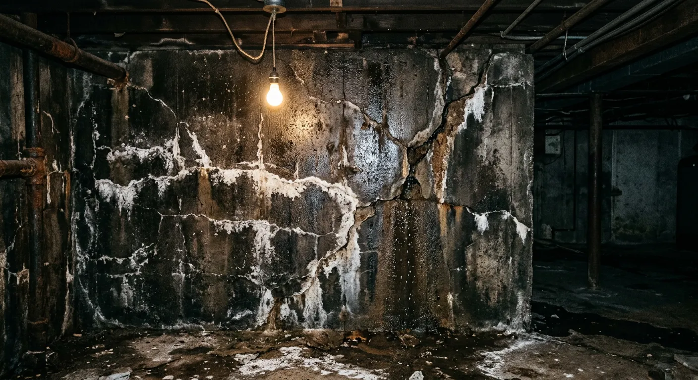 Bodrum kat su hasarı — çatlak beton duvar, efloressans ve aktif su sızıntısı