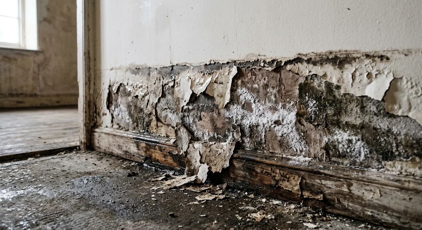 Yükselen nem belirtisi — duvar dibinde boya dökülmesi, efloressans ve ıslak leke