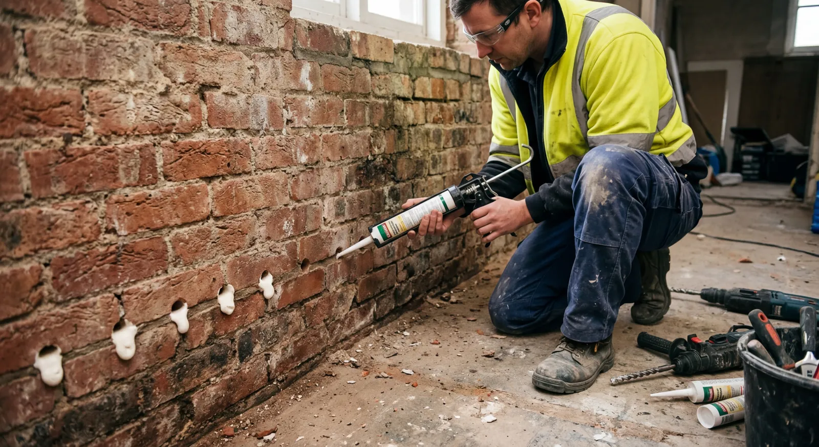 Yükselen nem enjeksiyon uygulaması — duvar dibine sıralı delikler açılıyor